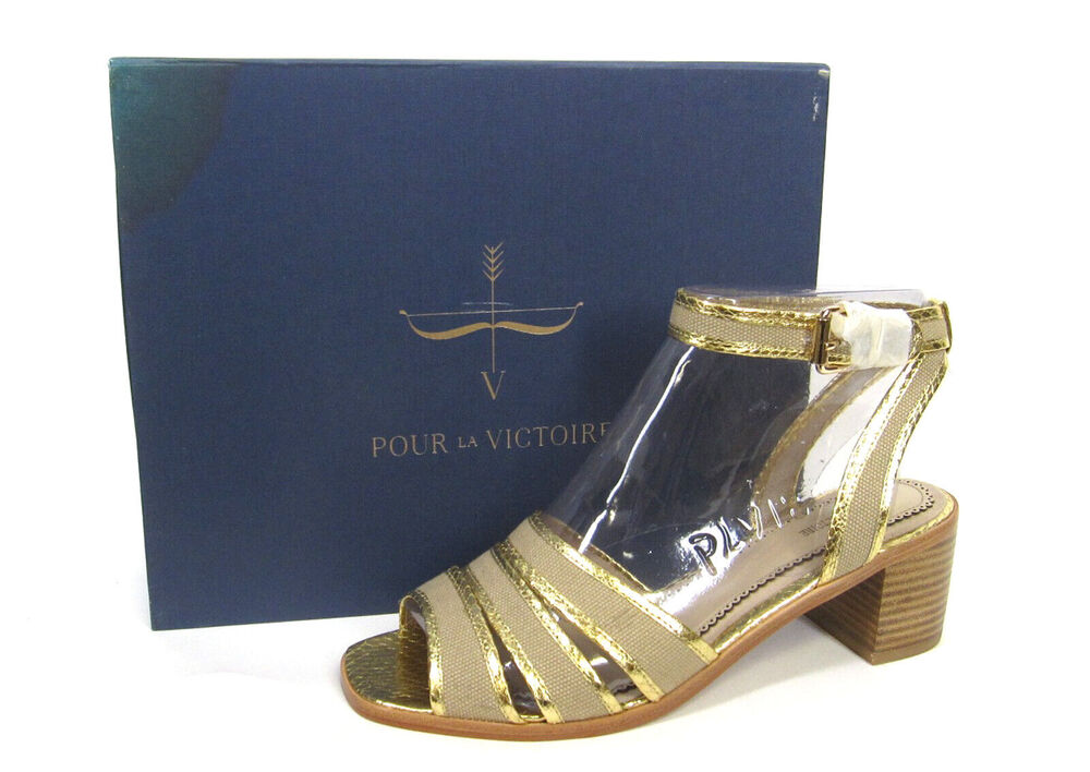 Pour La Victoire Rylie Sandals Sz 10 New $250 Gold Snake Natural Canvas 2" Heel